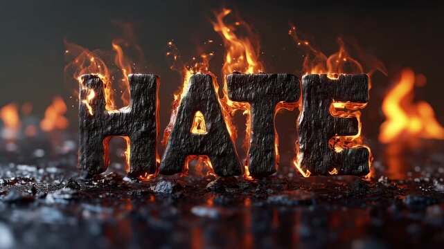 Burning stone with HATE text ablaze, representing fiery rage, social tension, condemning verbal hate and destructive negativity