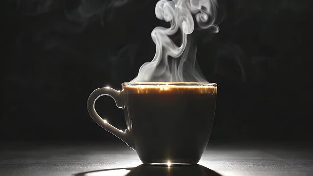 cinematic 4k footage of a hot cup of coffee placed a black background illuminated dramatically from behind with visible steam rising into the air creating a warm inviting atmospheric mood