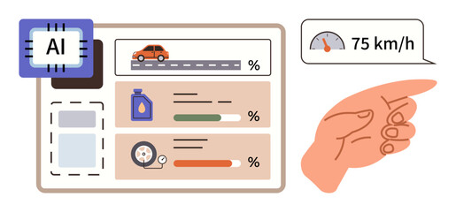 AI chip driving car performance dashboard with speed gauge, fuel level, tire status, and alerts. Ideal for automation, technology, automotive, innovation efficiency data analysis modern design. A