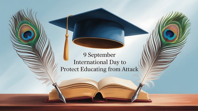International day to protect education from attack on september 9th, with an open book, graduation cap, and peacock feathers on a desk