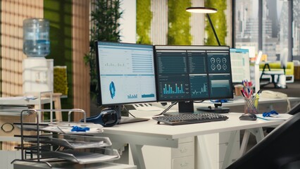 Empty business offices with dual monitors running financial diagnostics to help planning development strategy, data analytics and performance metrics. efficiency at the workspace.