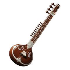 Traditional indian sitar musical instrument, a stringed instrument used in hindustani classical music, isolated on transparent background