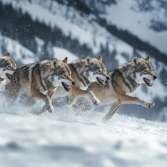 Obraz premium Wolves in motion against a backdrop of snow-covered peaks, dynamic energy and pristine wilderness captured in one frame, copy space. 