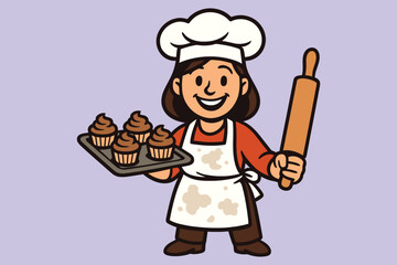 Happy baker woman holding cupcakes and rolling pin