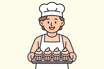 Smiling baker woman holding tray of four delicious cupcakes