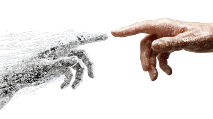 Digital AI hand and human hand with code texture nearly touching in a symbolic gesture of creation.