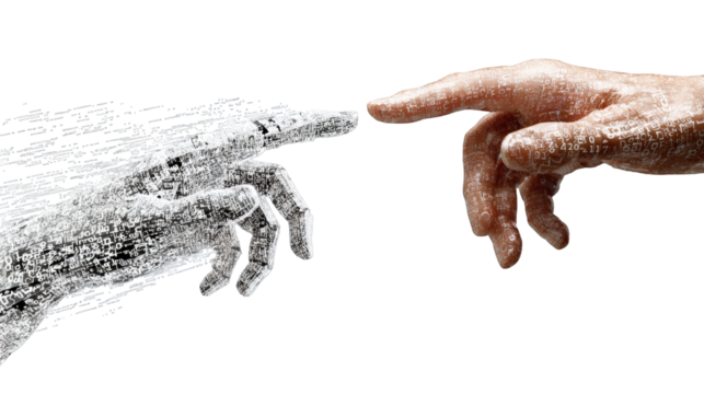 Digital AI hand and human hand with code texture nearly touching in a symbolic gesture of creation.