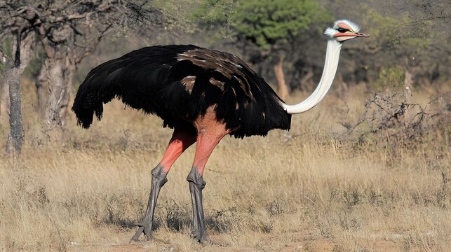 Majestic Male Ostrich in Savanna Grassland