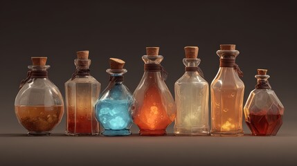 Game sheet of enchanted potions in clay style with glossy beveled bottles and glowing liquids ideal for fantasy game UI icons and magical inventory concepts