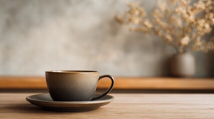 Obraz premium Elegant coffee cup on saucer in cozy minimalist coffee shop setting with warm wood textures perfect for lifestyle editorial cafe branding and morning routine photography concepts