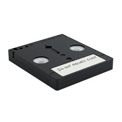 Obraz premium A single, blank, standard black vhs tape cassette with a clear window and a white paper label with 