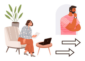 Woman with laptop and document, man pondering, two arrows implying choice paths. Ideal for decision-making, communication, problem-solving, brainstorming, collaboration, career planning simple flat