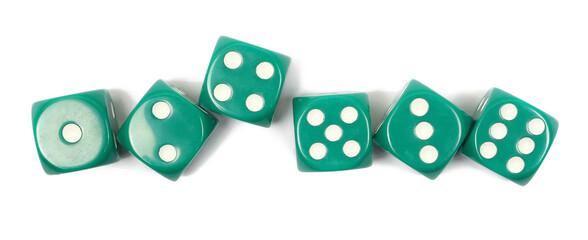 Green gambling dice, macro isolated on white background, top view	
