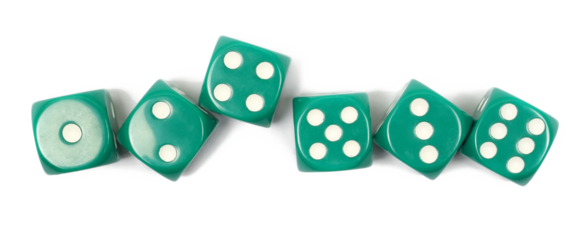 Green gambling dice, macro isolated on white background, top view	