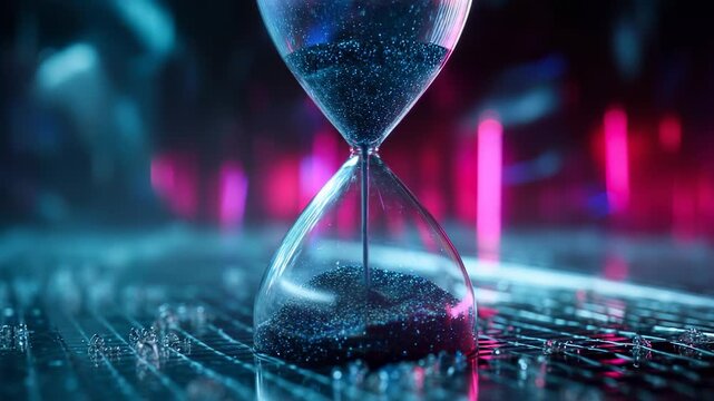 Sand flows smoothly through hourglass under neon light. Reflections highlight time passing. Countdown and deadline concepts visualized with sand, time, clock, orange flow, hourglass, countdown, glass