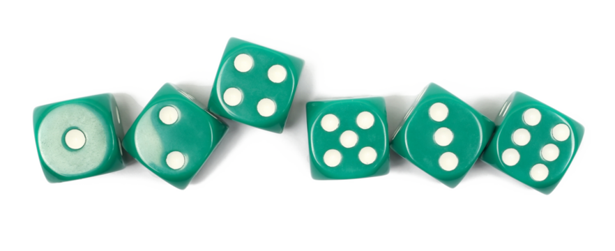 Green gambling dice, macro isolated on white background, top view	