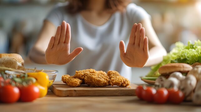 Woman resisting fried food and unhealthy options for healthy eating choices, diet and nutrition for a balanced lifestyle and well-being.