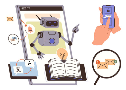 Robot using AI for tasks thumbs up translation, learning, and email organization on a digital device. Hand unlocking phone via biometrics. Ideal for AI, technology, education, security, efficiency