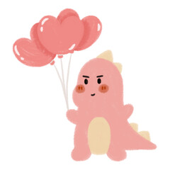Cute pink dinosaur with heart balloons illustration in crayon style for valentine’s day