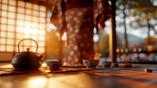 Golden sunset illuminating traditional Japanese tea ceremony, porcelain set arranged near wooden home window, showcasing serene cultural ritual preparation