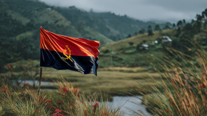 Angola flag waving majestically in the wind on Independence Day celebration in scenic countryside