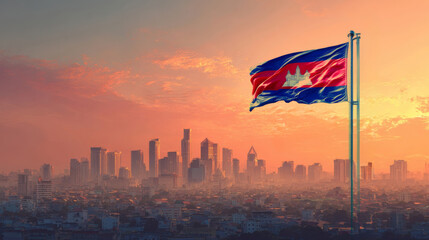 Cambodia flag waving against vibrant sunset skyline during Independence Day and Flag Day celebrations