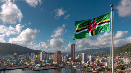 Dominica flag proudly waving in the wind on Independence Day above the cityscape and landscape