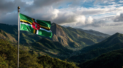 Dominica flag waving proudly against a dramatic mountain backdrop on Independence Day celebration