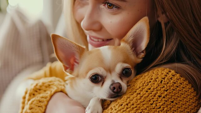 Petite woman embracing tiny chihuahua, displaying deep emotional connection in soft, intimate home environment