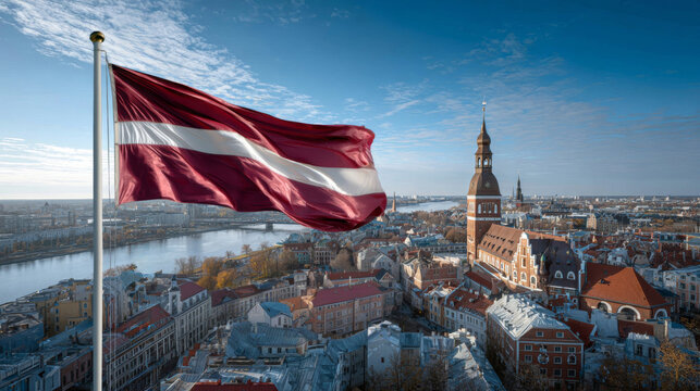 Latvia flag waving proudly in Riga on Independence Day and Flag Day celebrations