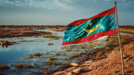 Mauritania flag waving proudly against serene landscape on Independence Day