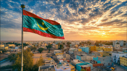 Mauritania's flag waves proudly at sunset during Independence Day celebrations
