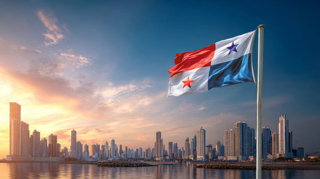 Panama flag waves proudly against skyline during Independence Day celebration