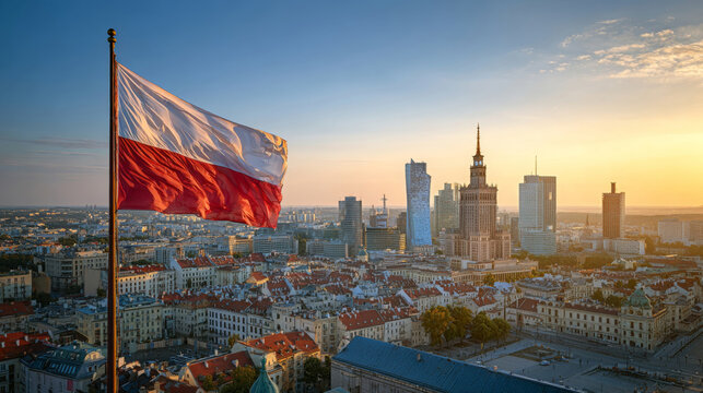 Poland flag waving proudly in Warsaw skyline during Independence Day celebrations at sunset