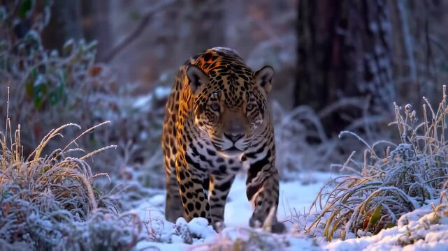 Snow leopard moving in winter forest, majestic and beautiful creature predator in cold wild woods, there is snow on the ground