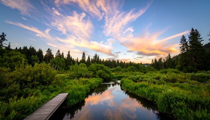 Sunset River Reflection with Wooden Walkway.