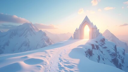 White Heavenly Gateway on Snow-Capped Mountains at Sunrise