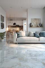 Modern open-plan living area with marble flooring