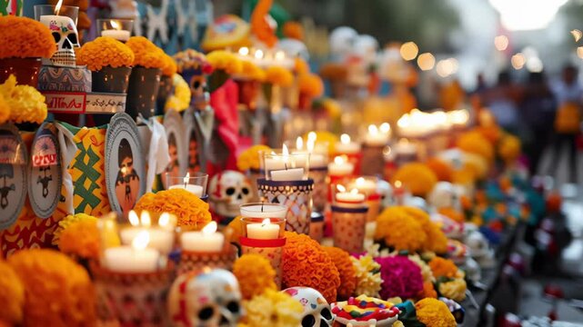Ofrenda decorated with cempasuchil flowers, candles and a portrait, celebrating a loved one during Dia de Muertos in Mexico