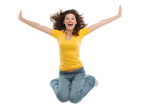 Joyful Young Woman Jumping with Arms Outstretched, Happy Expression, Studio Shot - Powered by Adobe