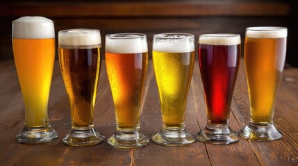 On national beer lover’s day, a selection of refreshing ales sits in elegant glasses on a rustic wooden surface, showcasing delightful colors and diverse flavors for beer enthusiasts