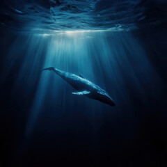 Fototapeta premium Blue whale swimming peacefully through glowing bioluminescent waters, ethereal and surreal ocean atmosphere, cinematic fine art marine wildlife photography, ultra-detailed realism 