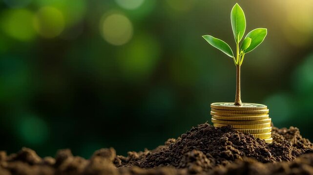 Young seedling breaking through golden coin stack, symbolizing financial potential, investment growth, and economic prosperity sprouting from small beginnings
