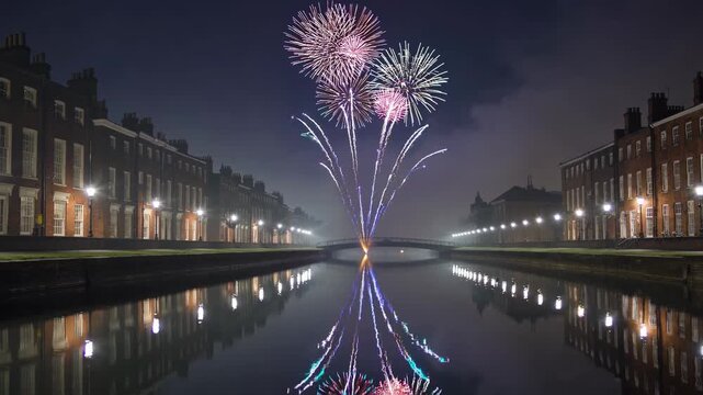Colorful Fireworks Lighting Up the Night Sky Over Coventry Canal, Reflecting in the Calm Water Below With a Scenic Urban Backdrop