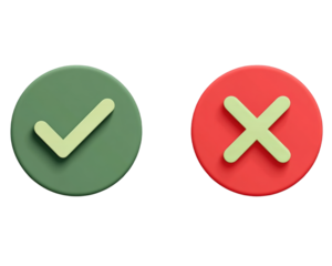 A pair of 3D rendered icons: a green checkmark and a red cross mark on circular buttons.
