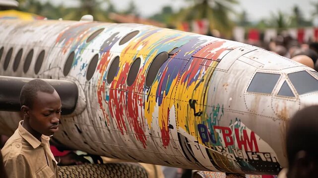 Colorful airplane shaped coffin carried by pallbearers during Ghanaian funeral ceremony, representing cultural symbolism and personal life journey memorialization