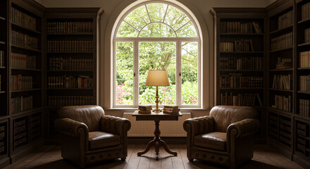 Fototapeta premium Elegant Vintage Library with Floor-to-Ceiling Bookshelves and Comfortable Leather Chairs