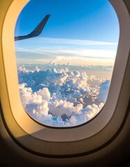 High-altitude view of clouds from airplane window