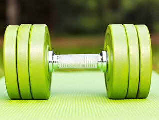 Green Dumbbell on Yoga Mat, Fitness Equipment, Workout