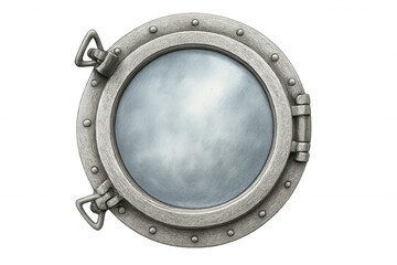 Metallic nautical porthole with riveted frame, reflecting overcast sky, mounted on transparent surface
